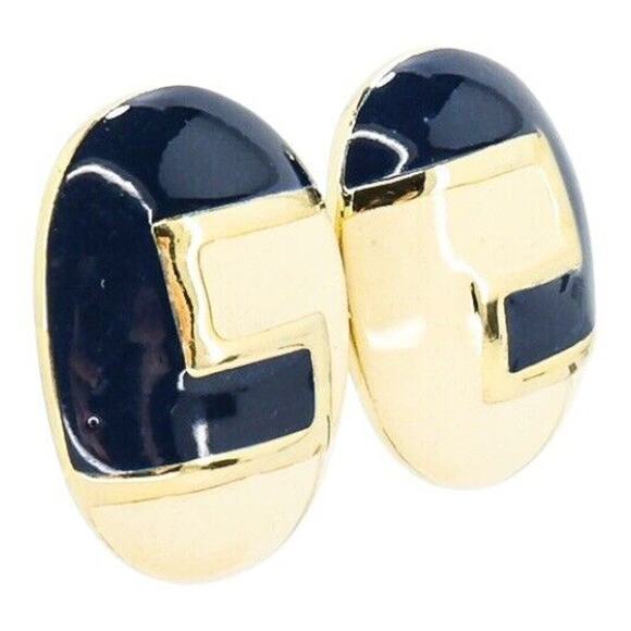 Vintage Donald Stannard Goldtone Cream Navy Enamel Clip On Earrings 90s 1 1/4 In - Picture 3 of 6